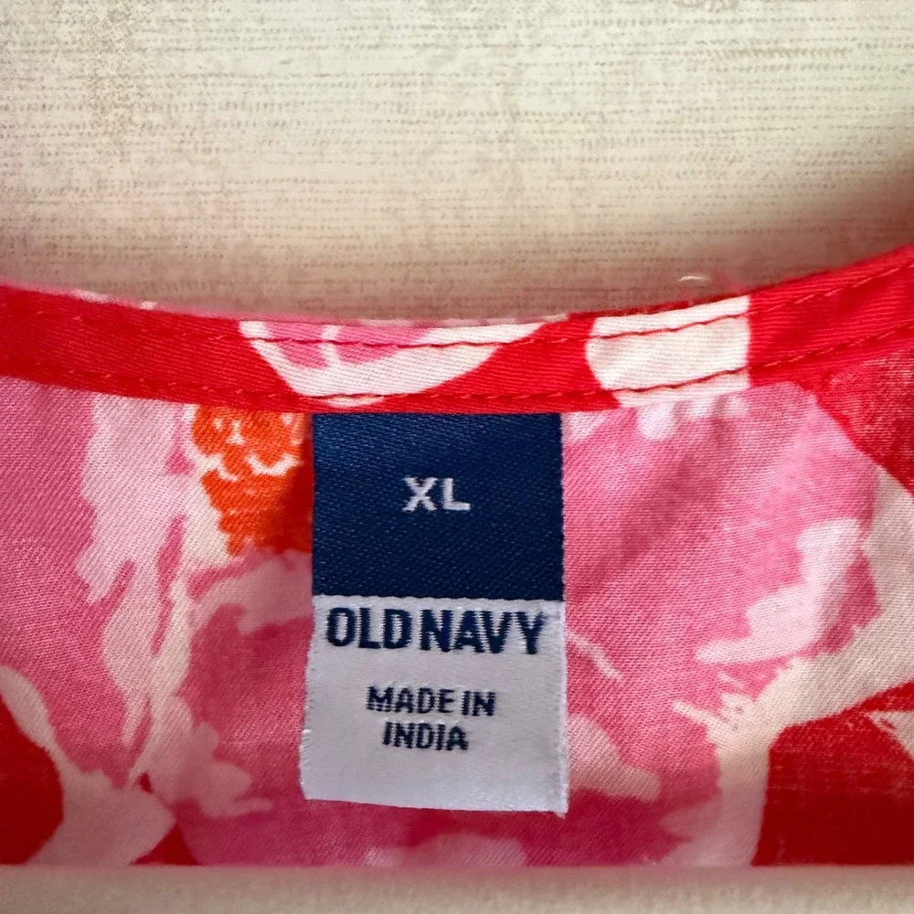 Old Navy Floral Puff Sleeve Cotton Wrap Top Peplum Blouse Red Pink XL Dopamine